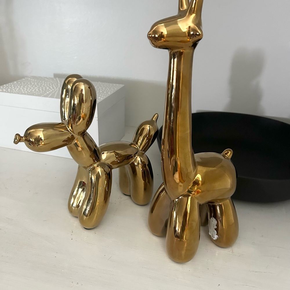 Set of 2 Gold Tone Balloon Animal Ceramic Sculptures Modern Eclectic Decor